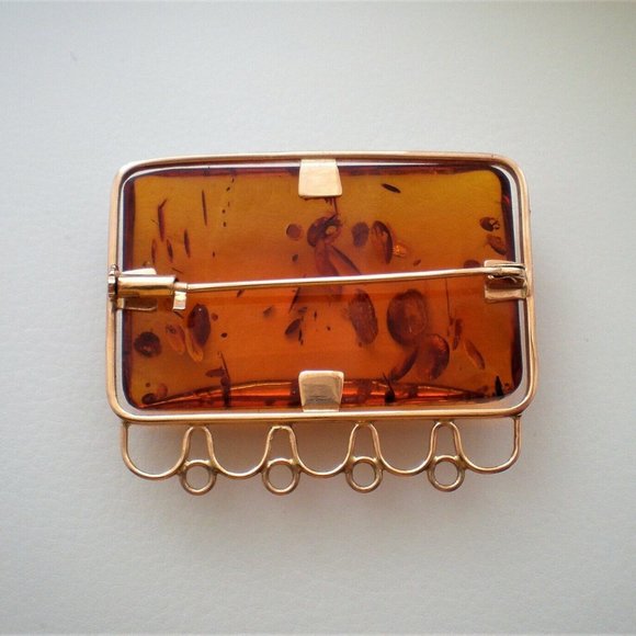 Vintage Russian Russia USSR 14K 583 Rose Pink Gold Baltic Honey Amber Pin Brooch - Picture 3 of 5